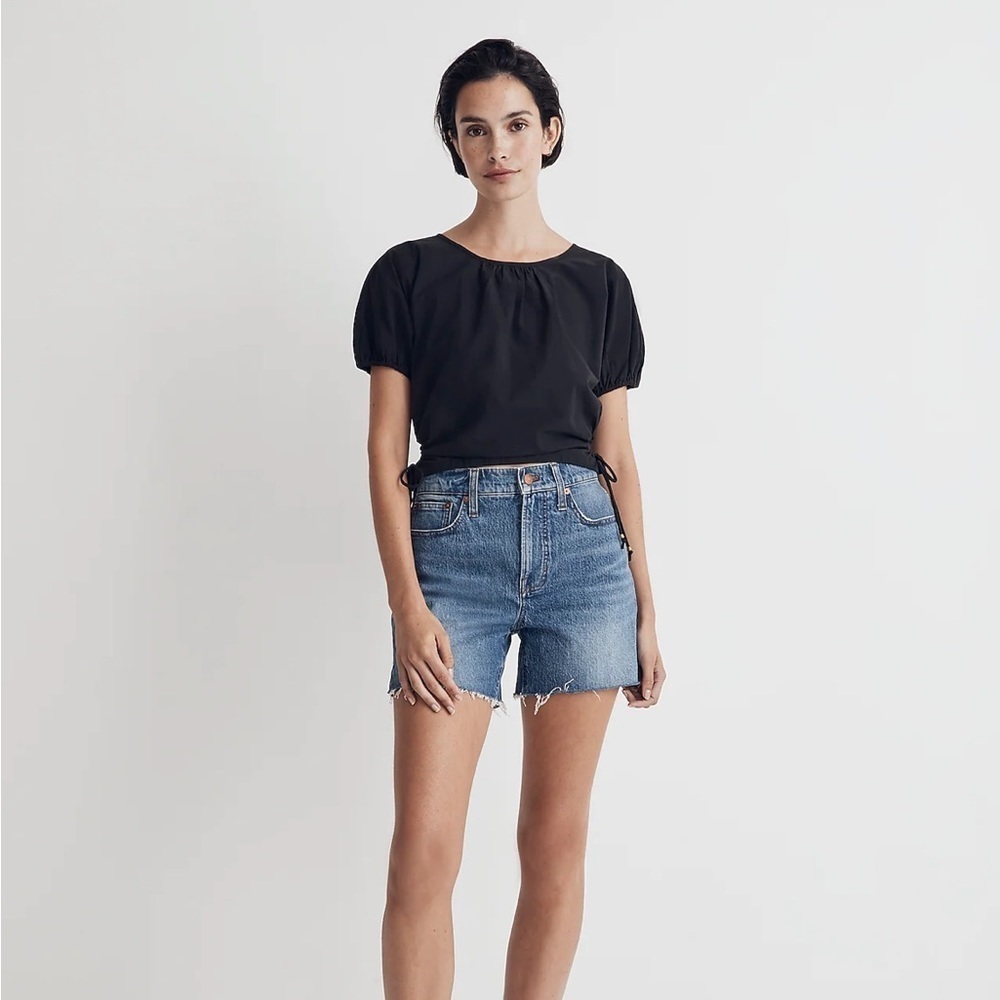 Madewell Embroidered Poplin Puff-Sleeve Cutout Crop Top